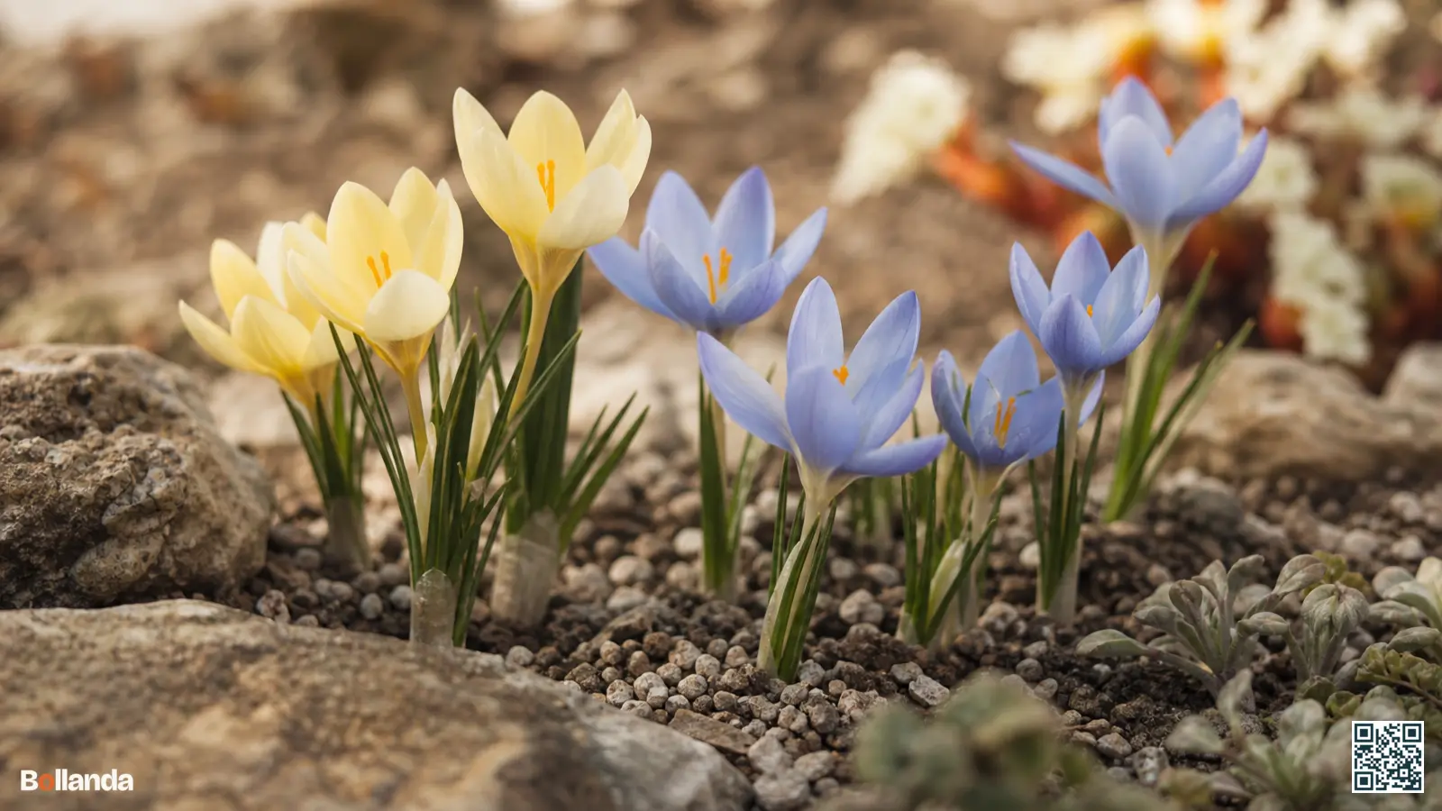 Kleine botanische krokussen in roomgeel en lichtblauw bloeien in een rotstuin in het vroege voorjaar.