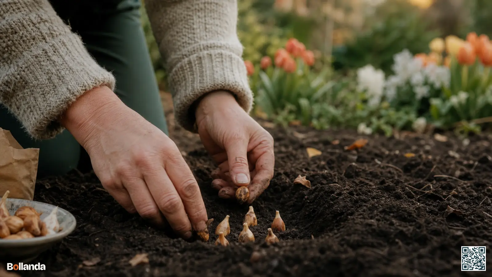 Handen die kleine krokusknollen met de punt naar boven in donkere herfstgrond planten in een Nederlandse border.