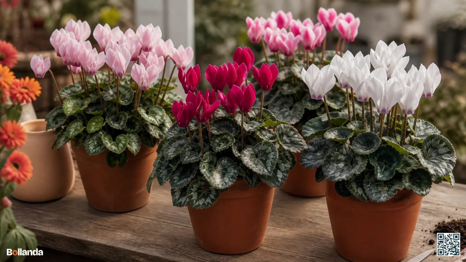 Verschillende soorten cyclaam met roze en witte bloemen boven gemarmerd zilvergroen en klimopvormig blad in potten.