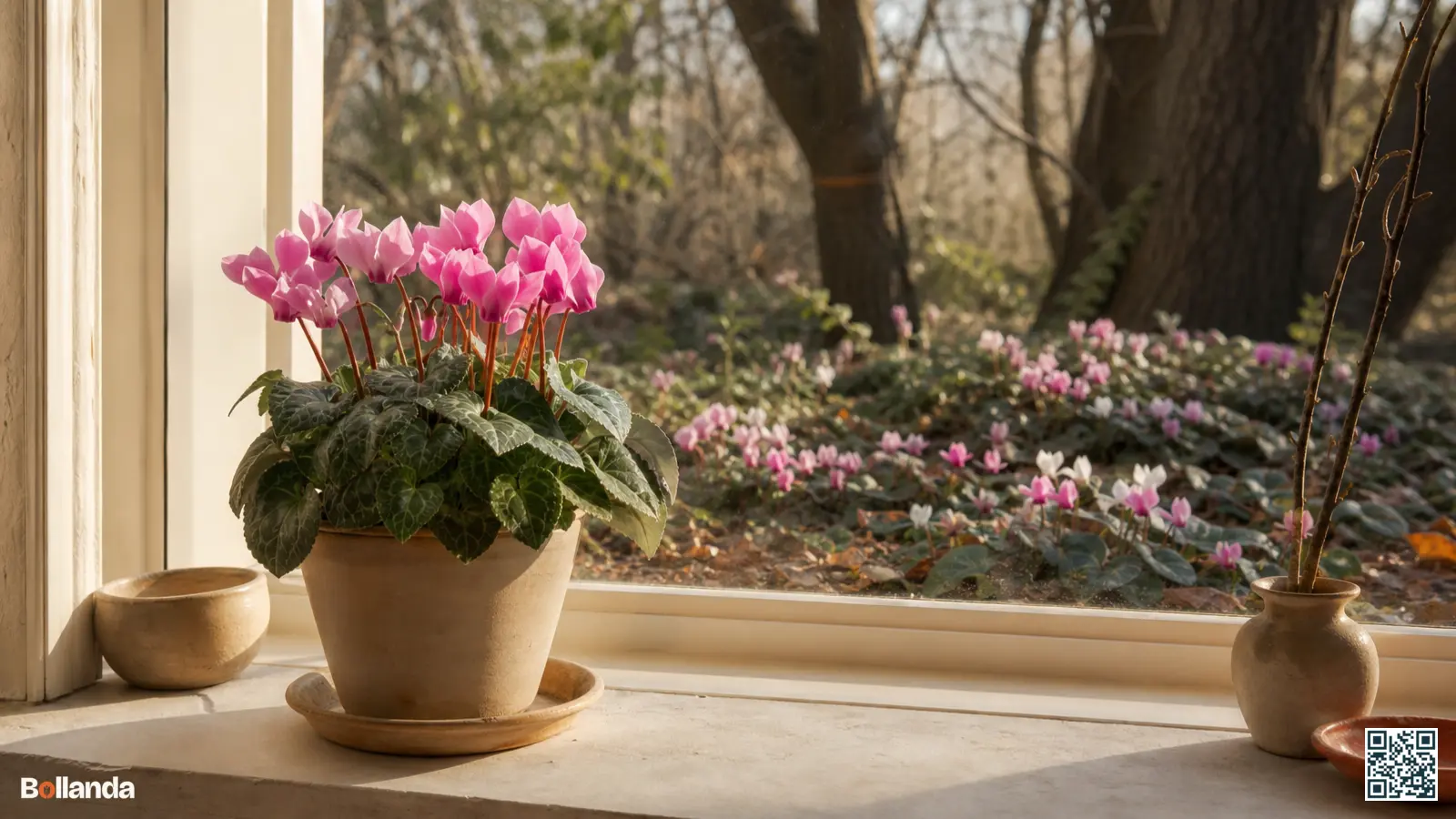 Kamercyclaam met roze bloemen op een koele vensterbank naast bloeiende tuincyclamen in halfschaduw onder bomen buiten.