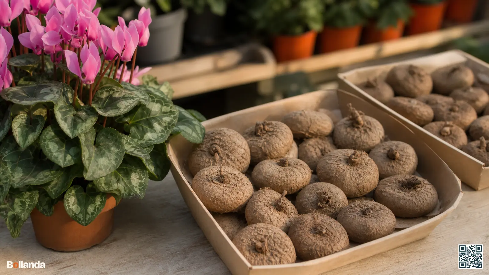 Stevige cyclaamknollen in neutrale schalen naast een bloeiende cyclaam in pot in een tuincentrum.