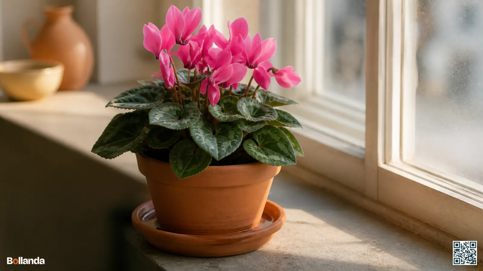 Roze bloeiende cyclaam in een pot die van onderaf water krijgt via de onderzetter op een koele vensterbank.