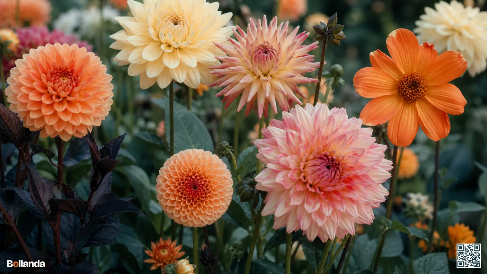 Verschillende dahliasoorten met uiteenlopende bloemvormen bloeien samen in een Nederlandse tuinborder in warme kleuren.