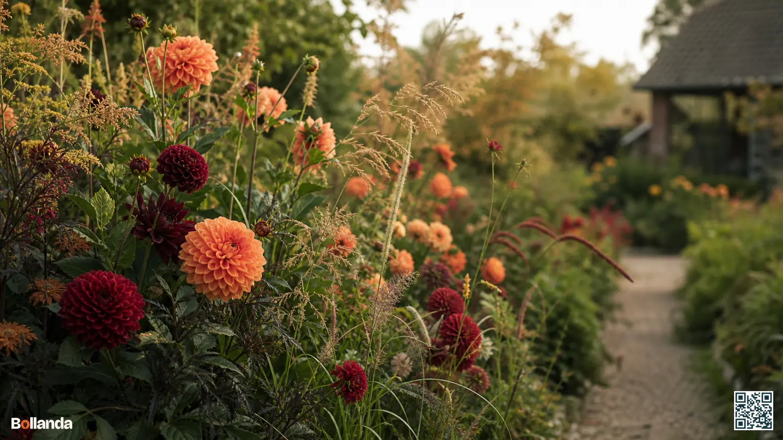 Dahlia's in volle bloei gecombineerd met siergrassen en vaste planten in een Nederlandse zomerborder.