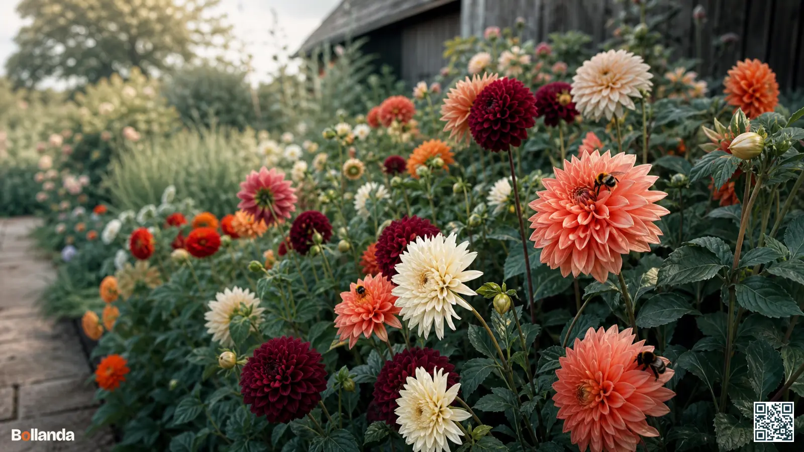 Bloeiende dahlia's in koraal, bordeaux en crème in een volle zomerborder met hommels op de open bloemen.