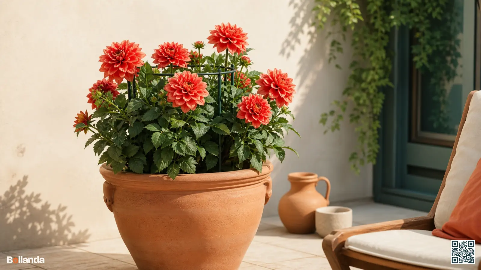 Compacte dwergdahlia in volle bloei in een grote terracotta pot op een zonnig terras.