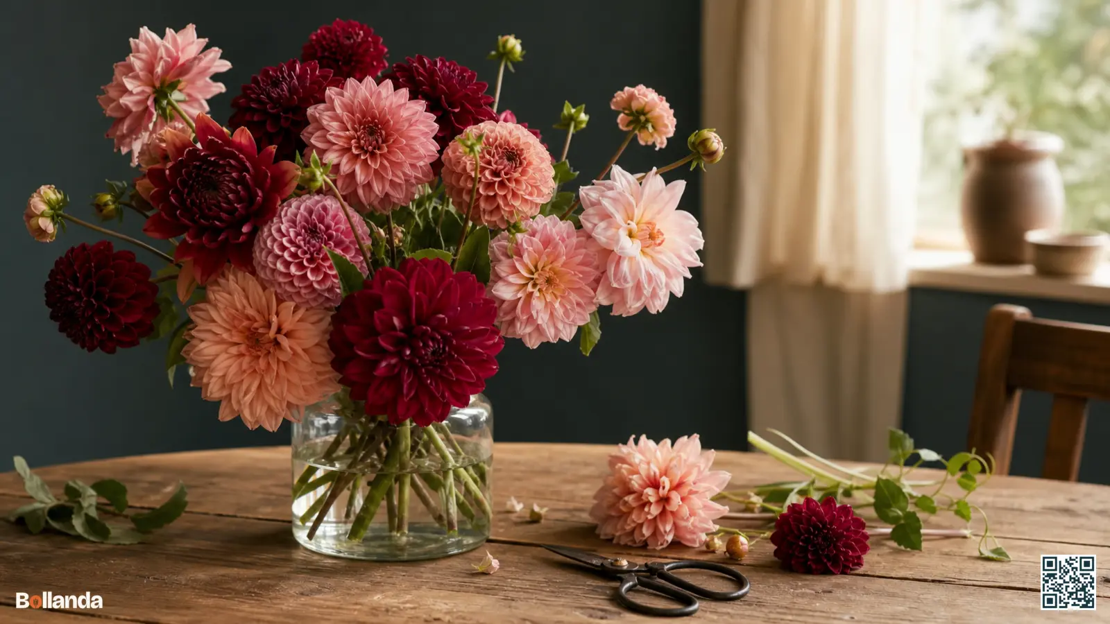 Boeket van roze en bordeauxrode dahlia's in een glazen vaas met losse stelen en een snoeischaar ernaast.
