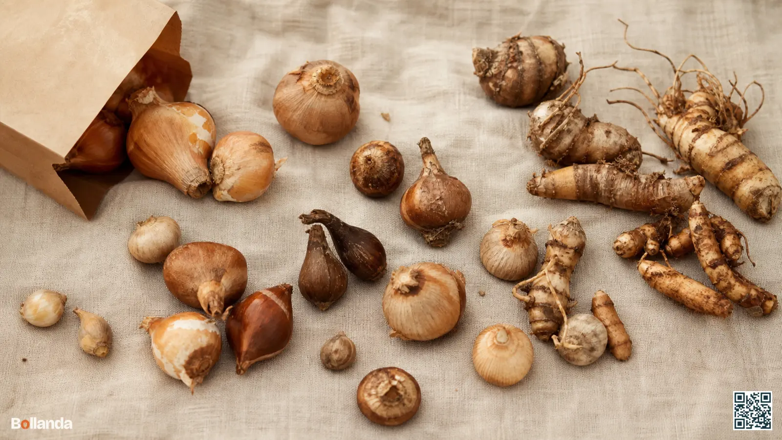 Diverse bloembollen en knollen op linnendoek, van ronde tunicaatbollen tot onregelmatige knollen in aardse bruintinten.