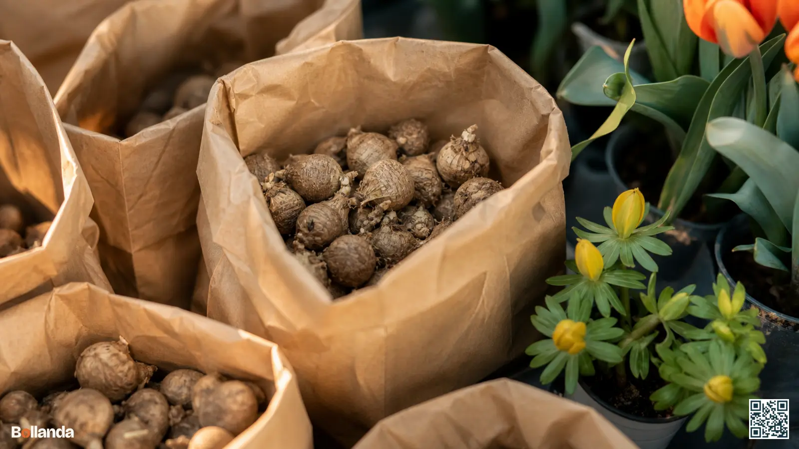 Close-up van stevige winterakoniet-knollen in neutrale papieren zakken in een tuincentrum, klaar om te kopen.