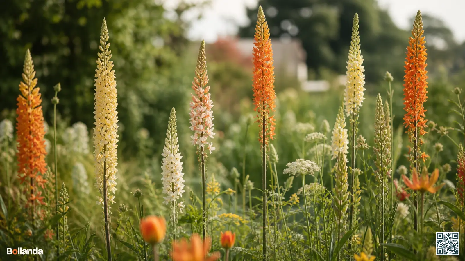 Hoge bloeiaren van Ruiter-hybriden Naald van Cleopatra in crème, abrikoos en oranje in een zomerse border.