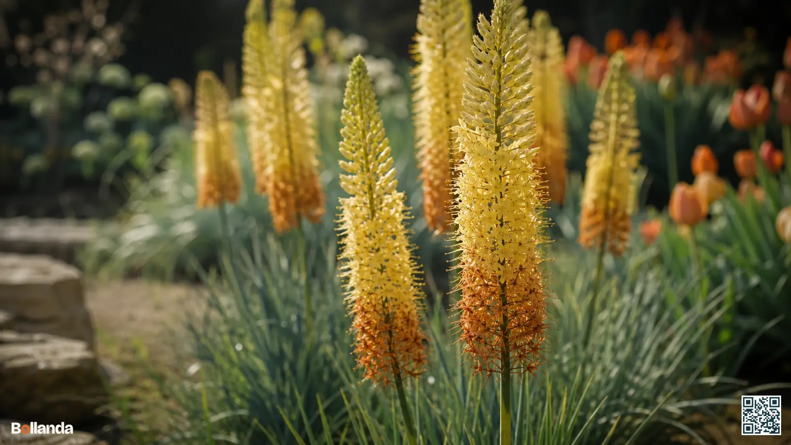 Heldergele bloeiaren van eremurus stenophyllus boven smal blad in een zonnige border, onderaan verkleurend naar oranje-amber.