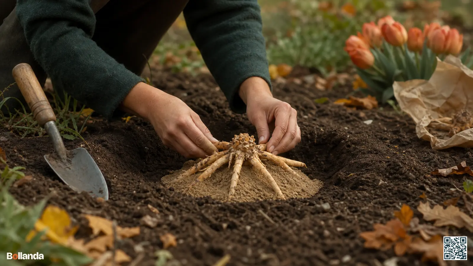 Tuinier spreidt de stervormige wortels van een Naald van Cleopatra over een zandheuvel in een breed plantgat.