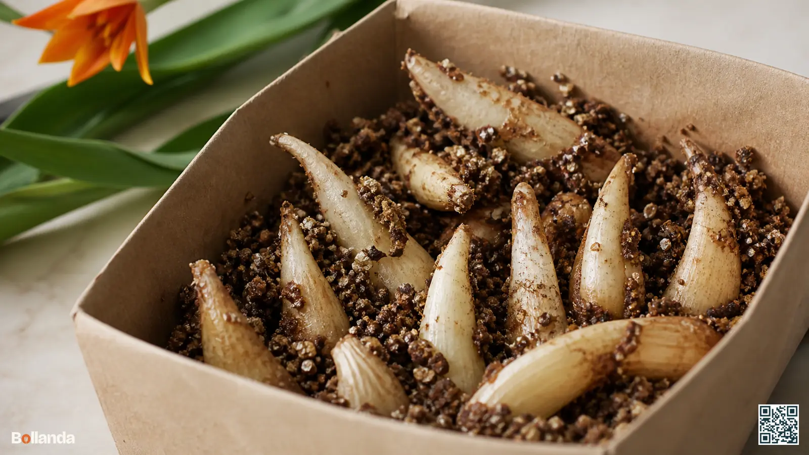 Close-up van verse, vlezige hondstandbollen verpakt in vochtig vermiculiet, klaar om meteen te planten.