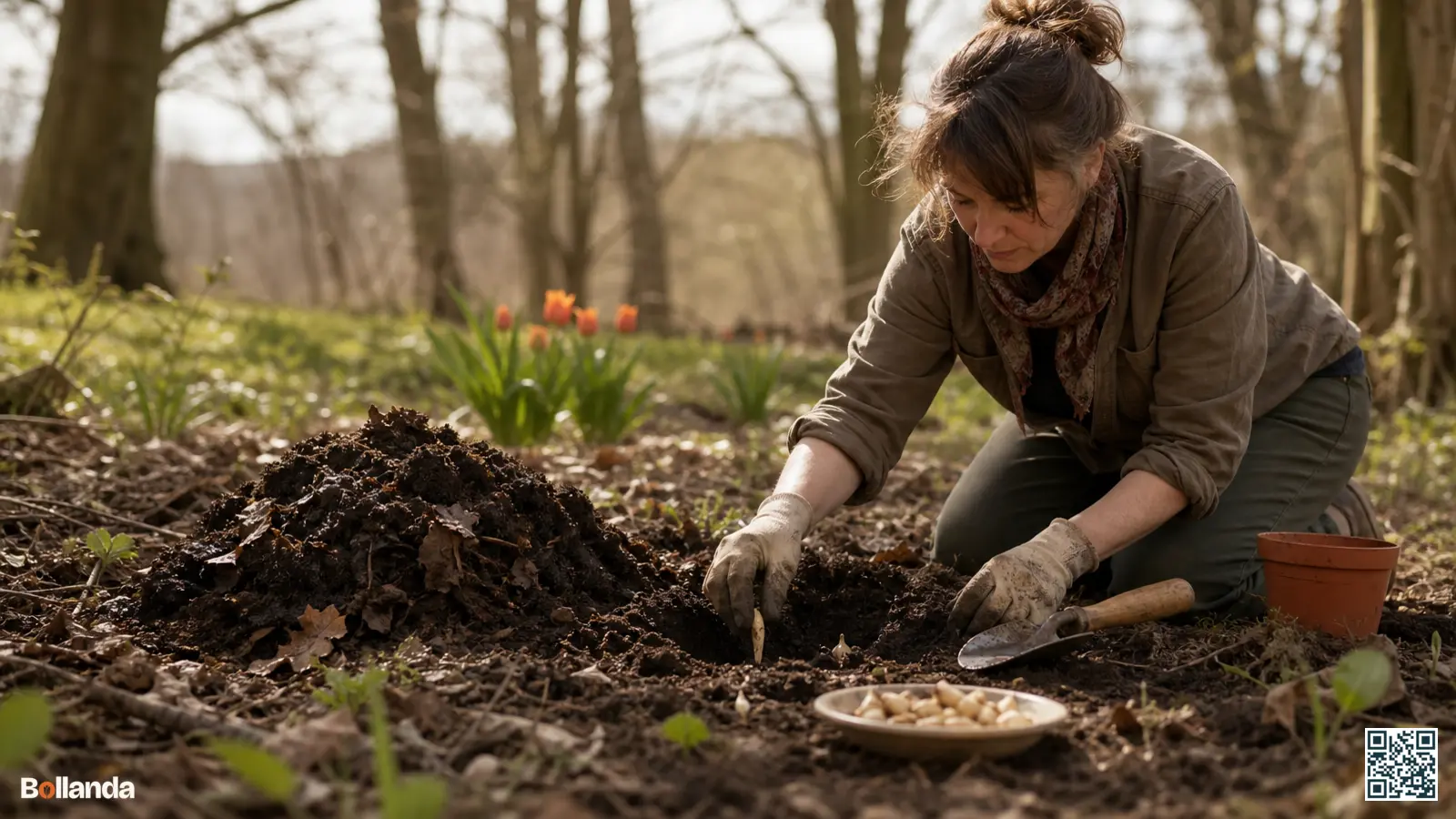 Tuinier plant langwerpige hondstandbollen in humusrijke grond onder kale loofbomen in het vroege voorjaar.
