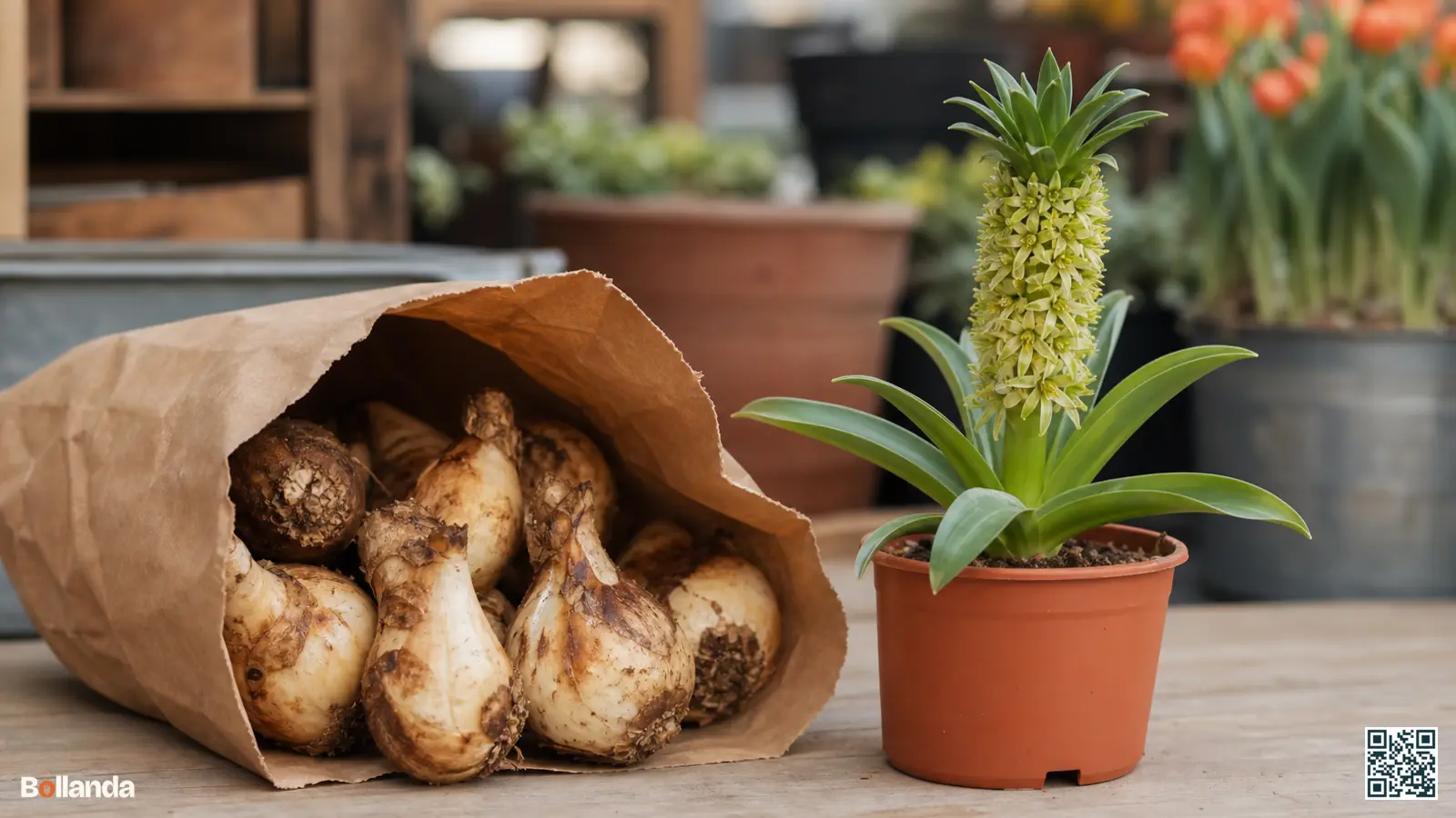 Stevige eucomisbollen in een papieren zak naast een potplant met ananasachtige bloemtros in een tuincentrum.