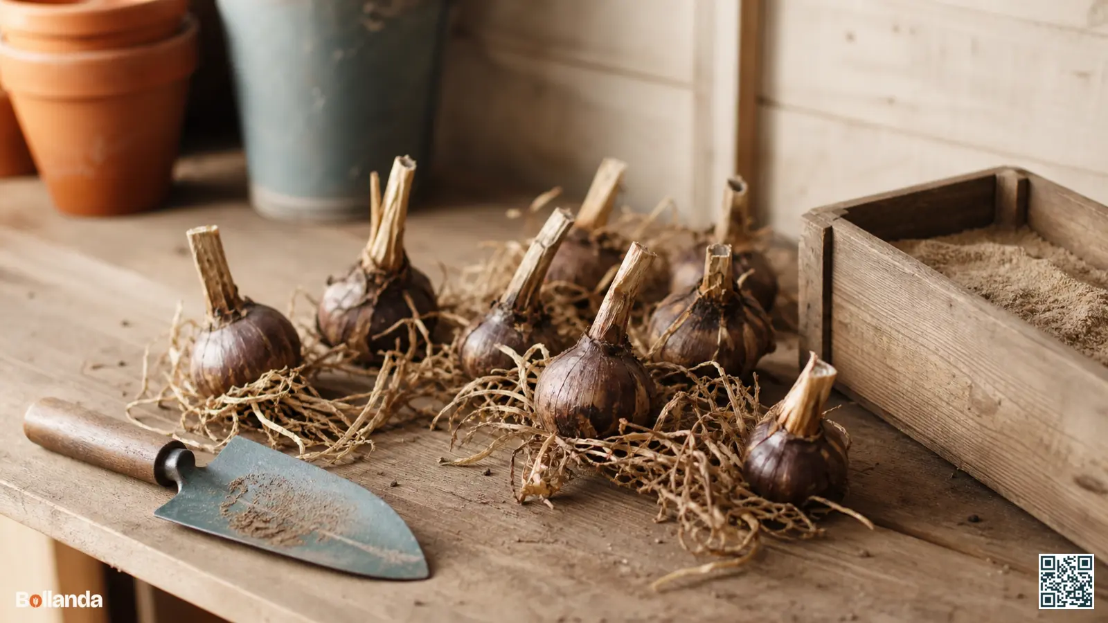 Gerooide eucomis bollen liggen te drogen op een houten werkbank in een tuinschuur, klaar voor de winterbewaring.