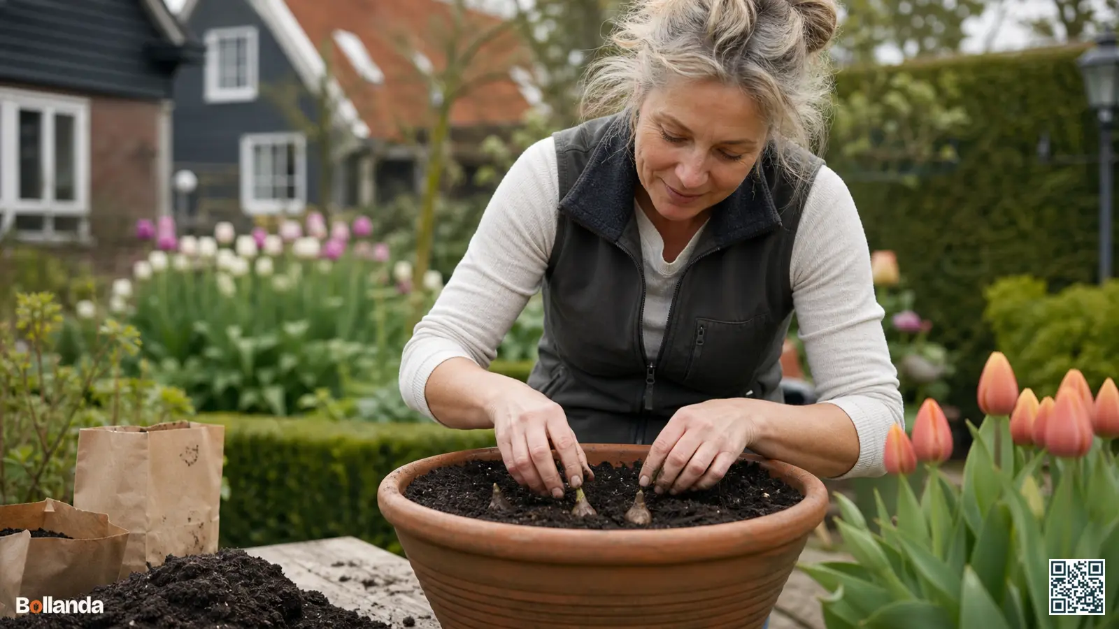 Tuinier plant eucomisbollen in een grote pot met goed doorlatende potgrond in het voorjaar.