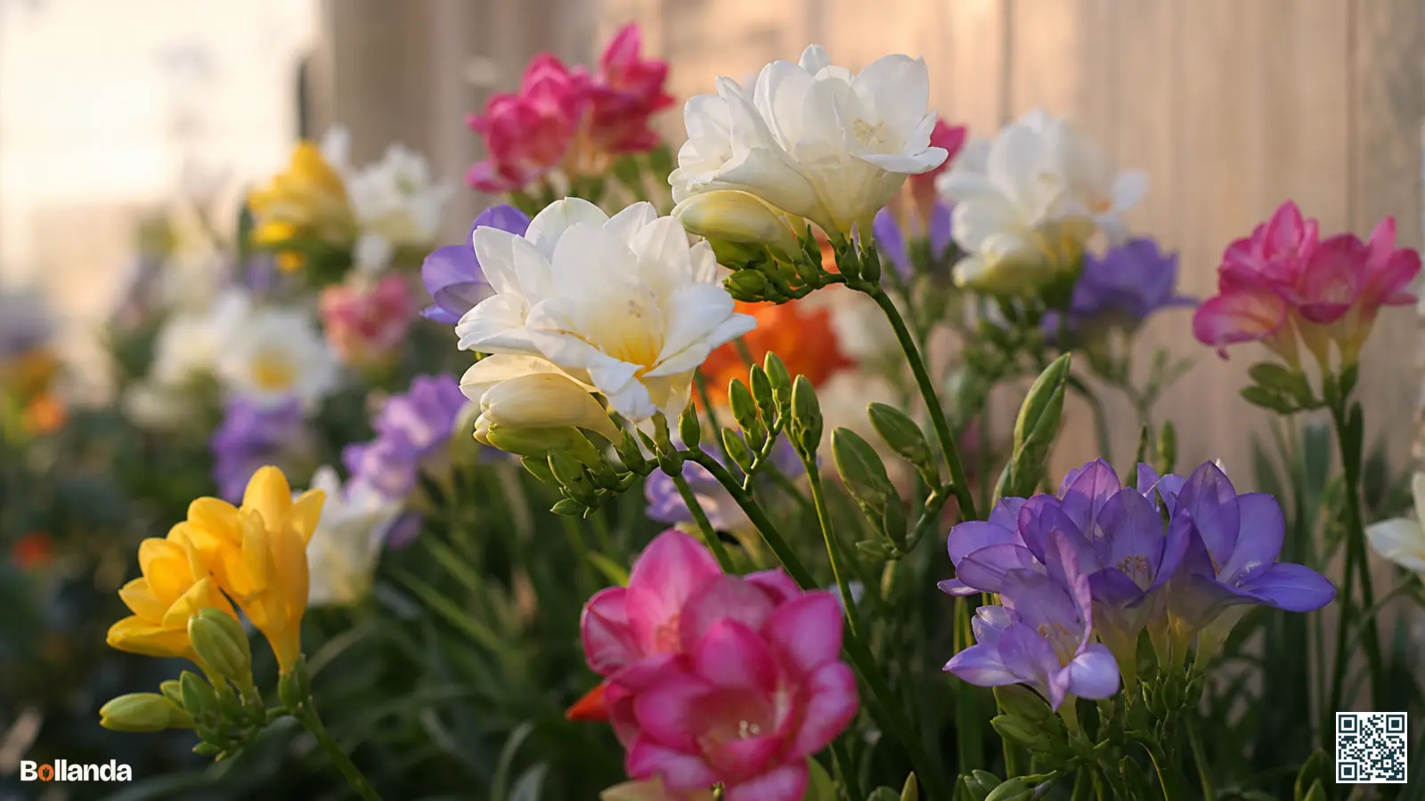Gemengde freesia's in wit, geel, blauw en roze met trechtervormige bloemen langs eenzijdige aren in een border.