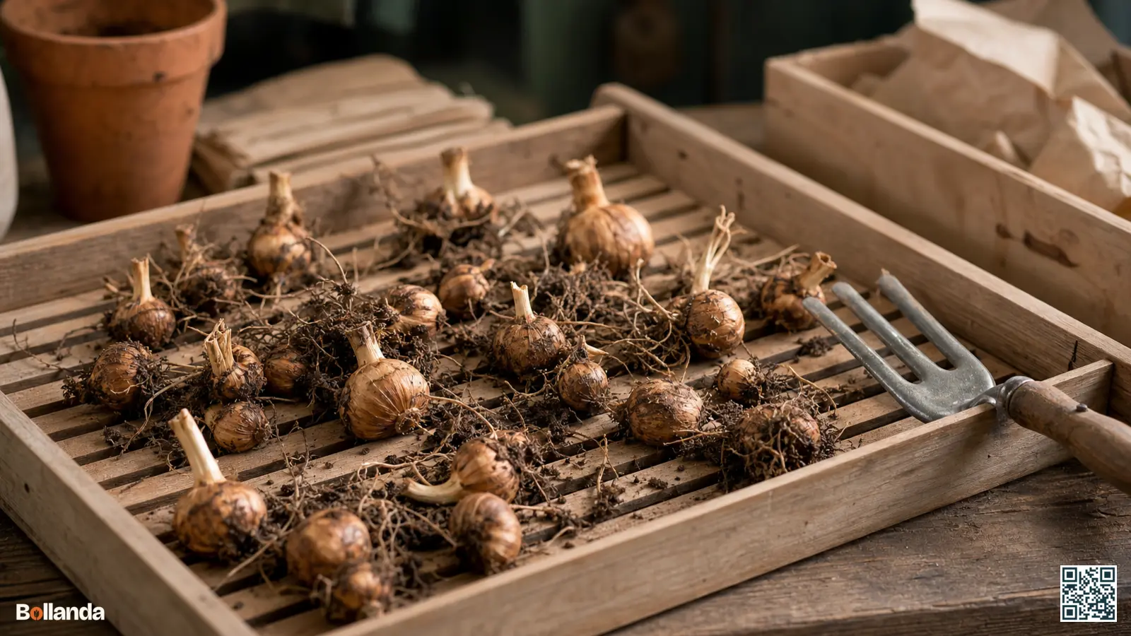 Gerooide freesiaknollen drogen op een houten rooster in een koele, luchtige schuur na het rooien.
