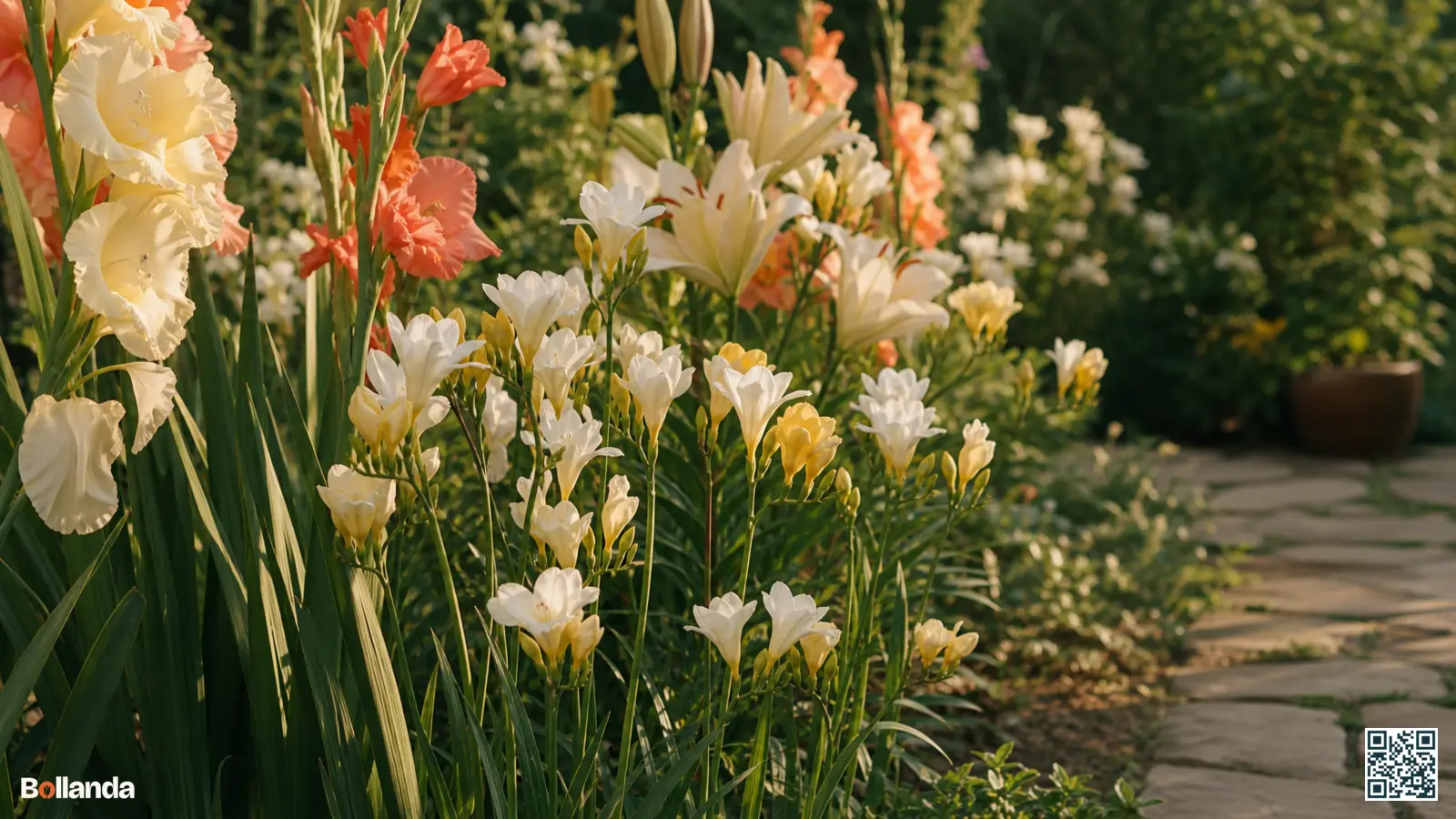 Witte en gele freesia's gecombineerd met hogere zomerbloeiers in een geurige border langs een tuinpad.
