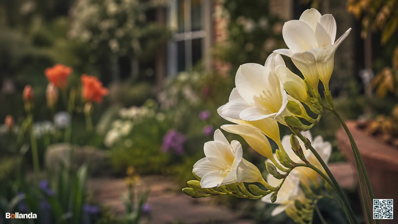 Close-up van geurige witte en gele freesiabloemen aan slanke stelen in een zonnige Nederlandse tuin.