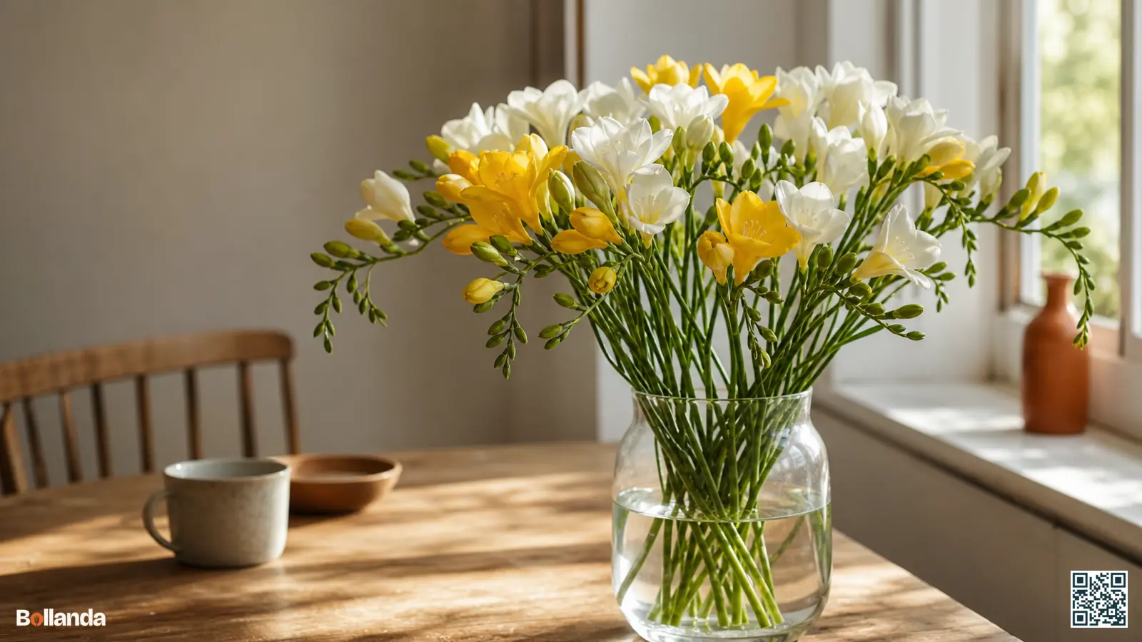 Geurige witte en gele freesia's in een glazen vaas bij een raam, met knoppen die nog opengaan.