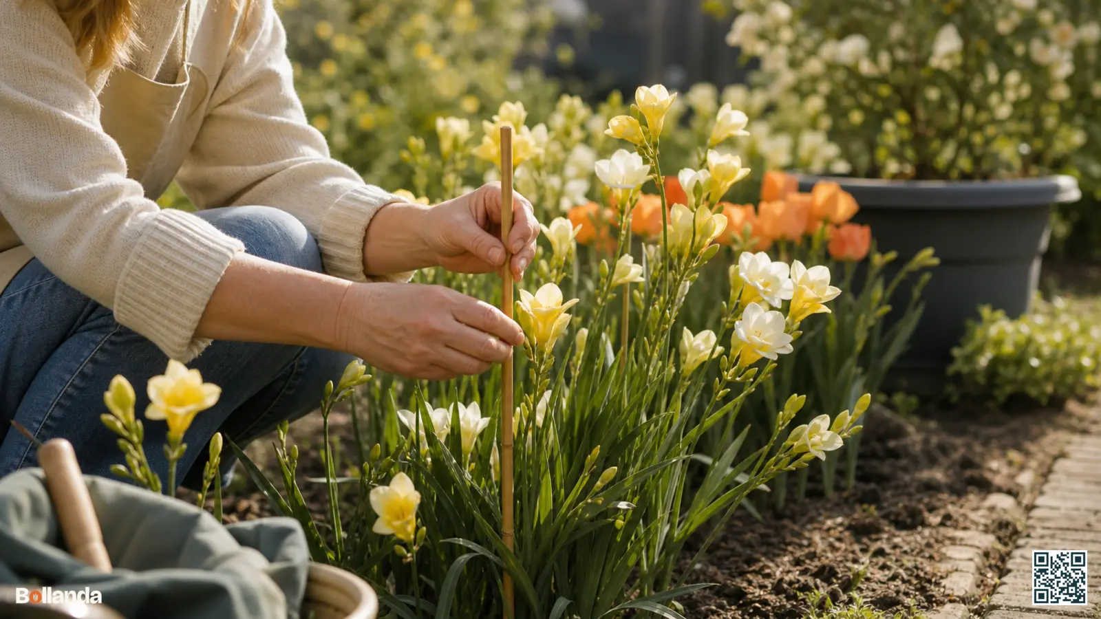 Tuinier verzorgt geurende gele en witte freesia's in een zonnige border en steunt de slanke stelen.