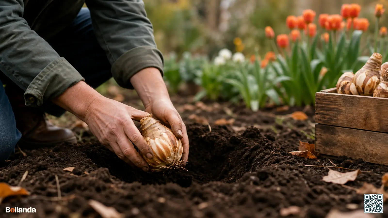Tuinier plant een grote keizerskroonbol op zijn kant in de herfstgrond om bolrot te voorkomen.