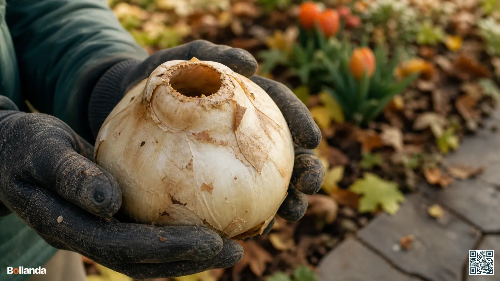 Grote keizerskroonbol met holle bovenkant in behandschoende handen boven herfstgrond in de tuin.