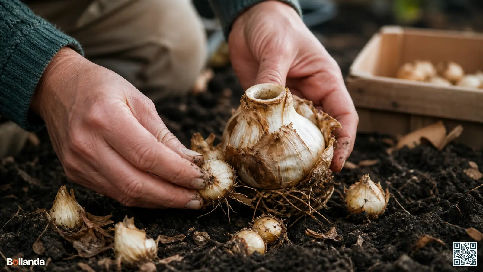 Handen die kleine broedbollen voorzichtig van een grote keizerskroonbol scheiden boven donkere tuingrond in de late zomer.