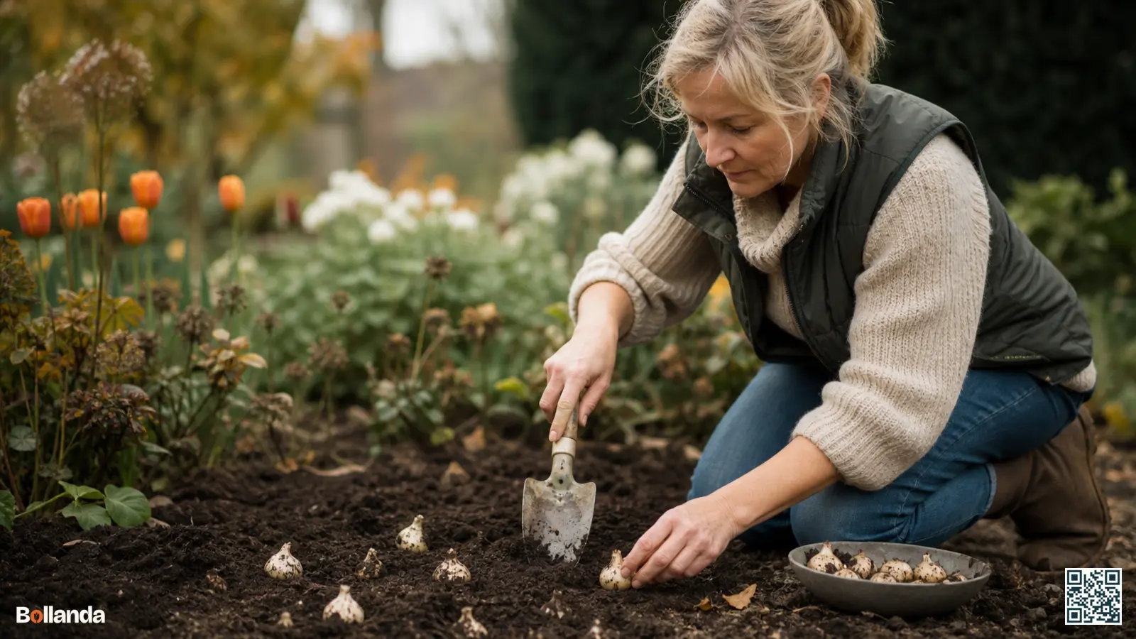 Een tuinier plant fritillaria bollen met een handschepje in de herfstgrond van een Nederlandse border.