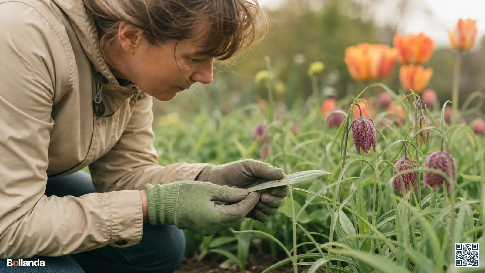 Tuinier met handschoenen controleert fritillariablad op het leliehaantje in een voorjaarsborder met paarse klokjes.
