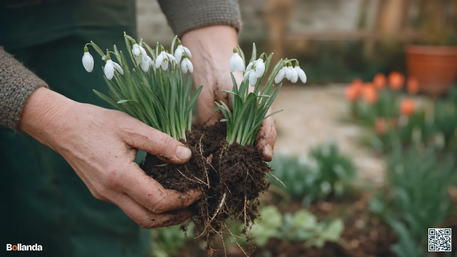 Tuiniershanden trekken een bloeiende pol sneeuwklokjes met groen blad voorzichtig uiteen boven verse tuingrond.