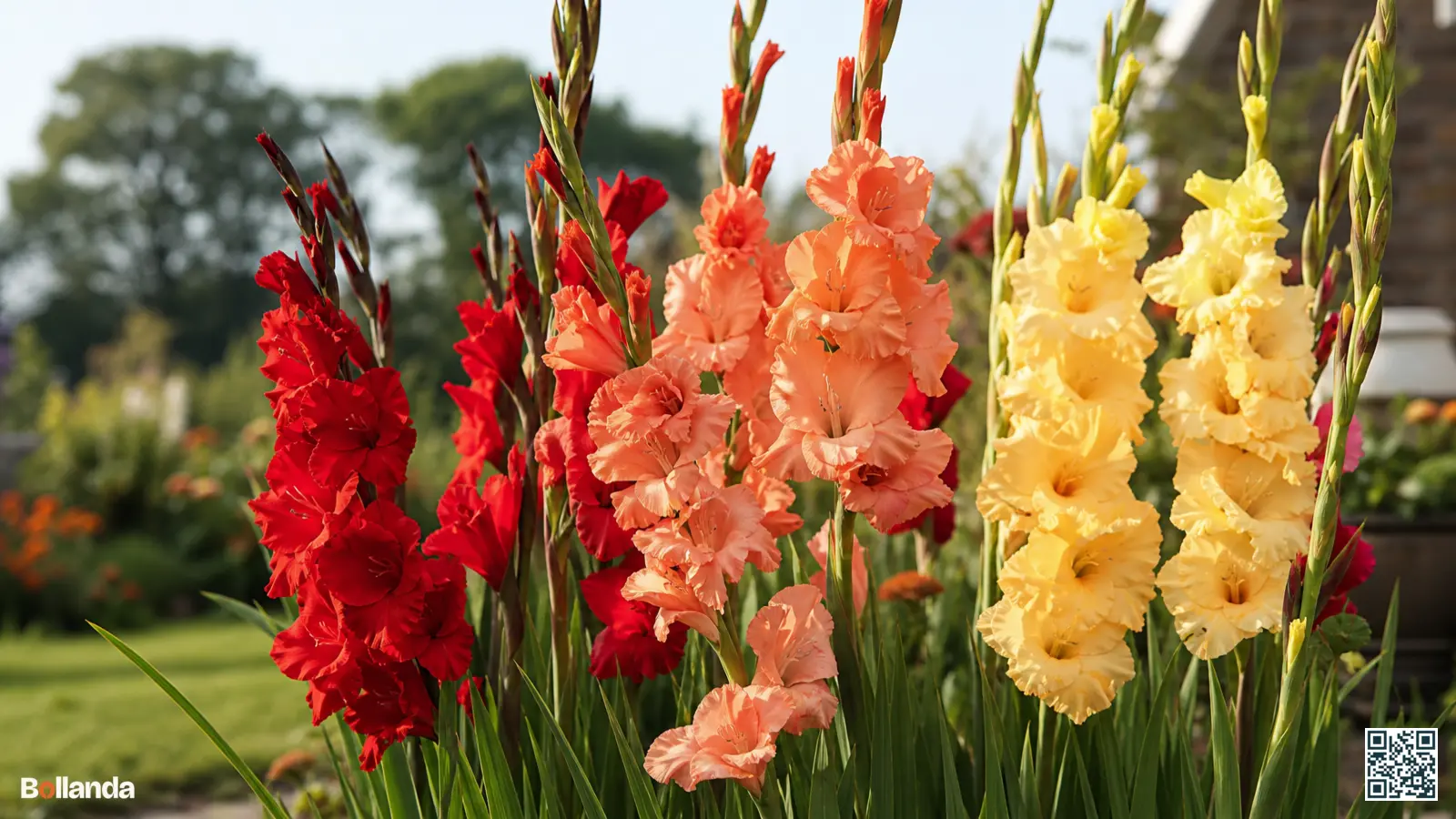 Hoge Grandiflorus-gladiolen met rode, zalmkleurige en gele aren in een zonnige Nederlandse zomerborder.