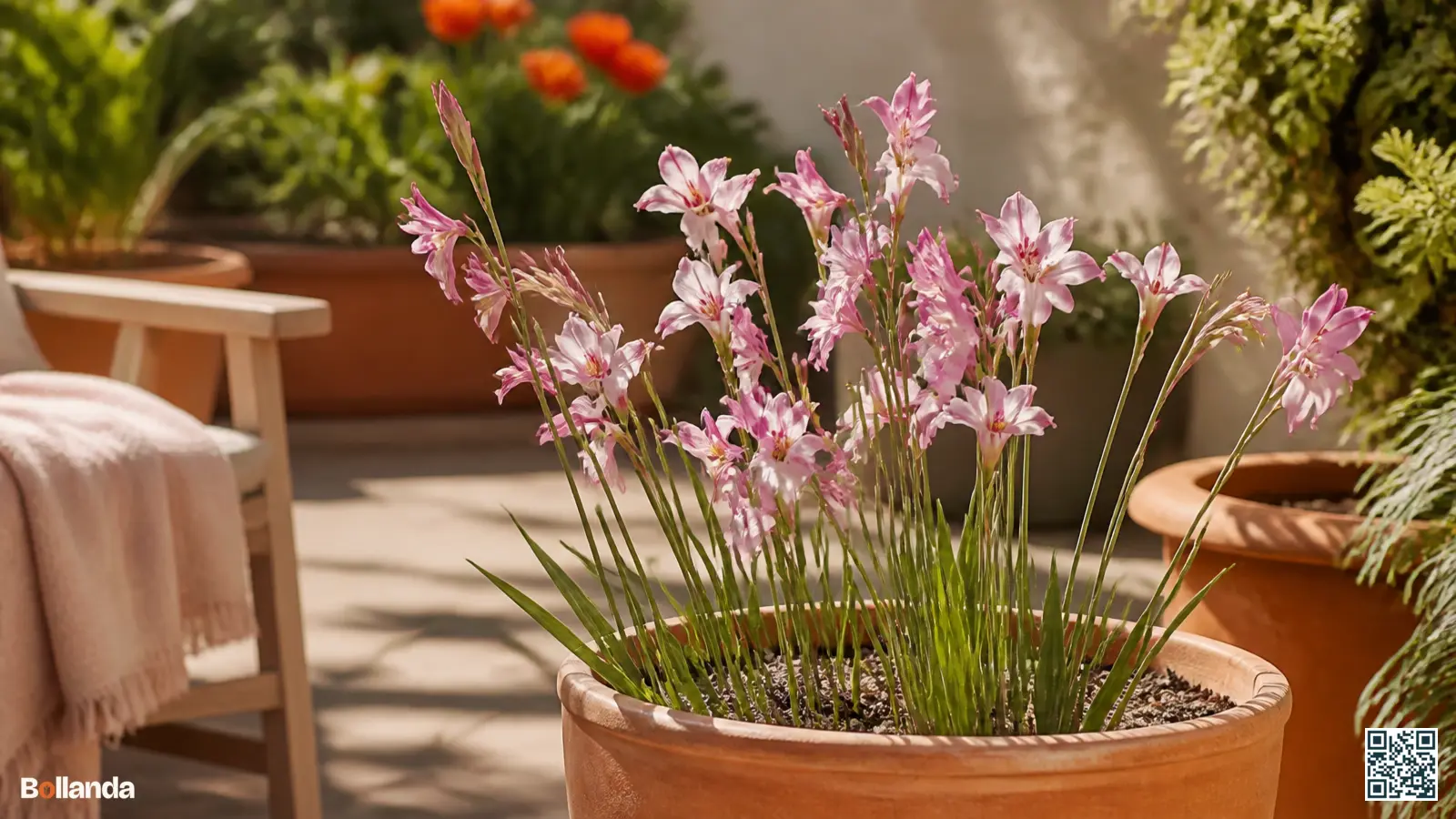 Compacte Nanus-gladiolen in roze en wit bloeiend in een terracotta pot op een zonnig terras.
