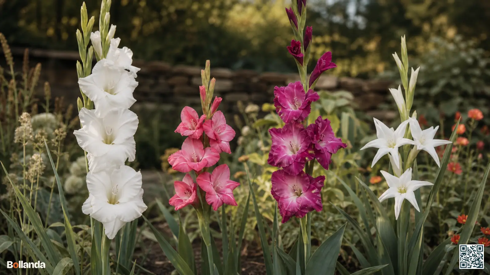 Vier verschillende soorten gladiolen naast elkaar in een zonnige zomerborder met witte, roze en paarse bloemen.