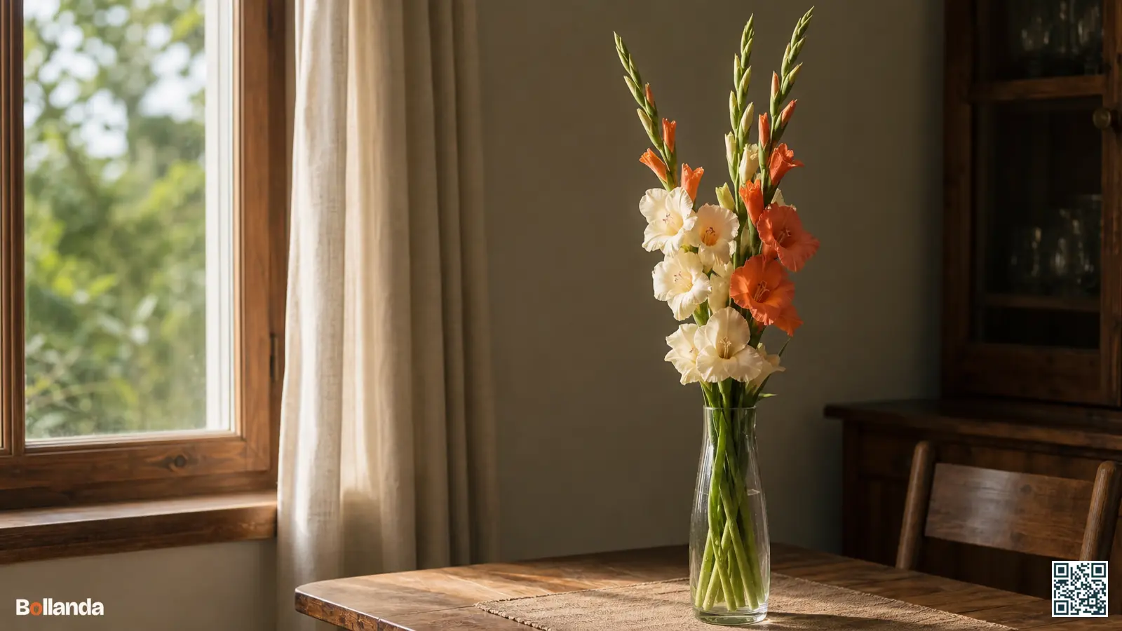 Hoge smalle vaas met crème en oranje gladiolen rechtop bij een raam, onderste florets geopend.