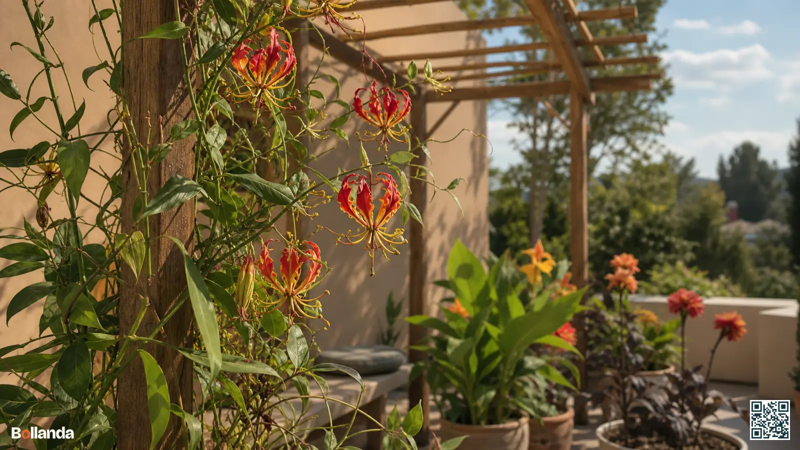 Bloeiende klimlelie met rood-gele vlambloemen tegen een houten pergola op een terras met tropische potplanten eronder.