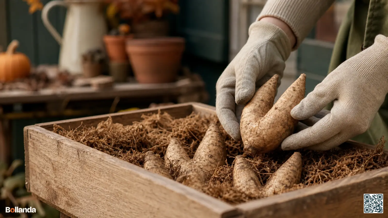 Handen met handschoenen leggen een V-vormige gloriosaknol in een kistje met droog turfmolm voor de winterbewaring.