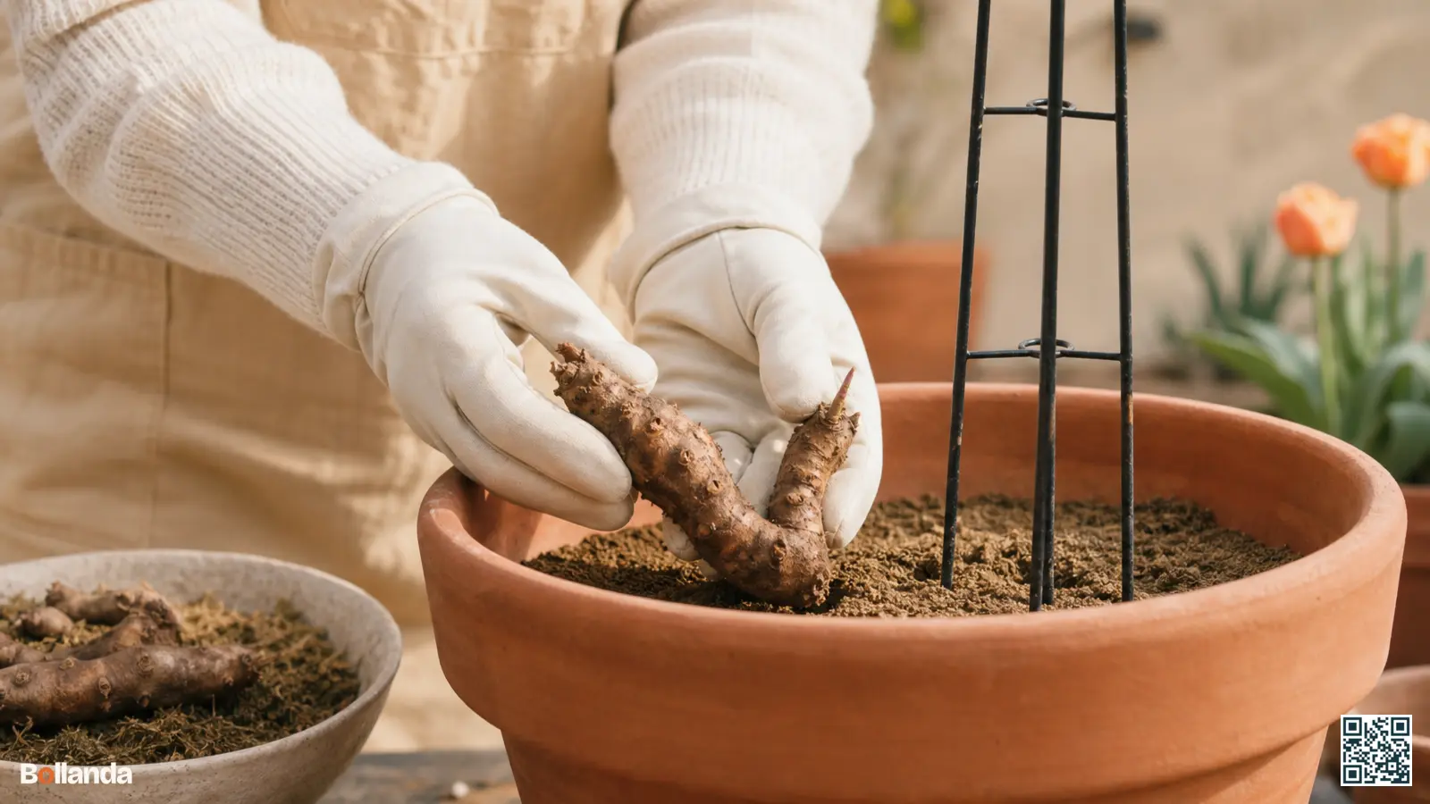 Handen met handschoenen leggen een V-vormige gloriosaknol horizontaal in een pot met klimsteun en zandige potgrond.