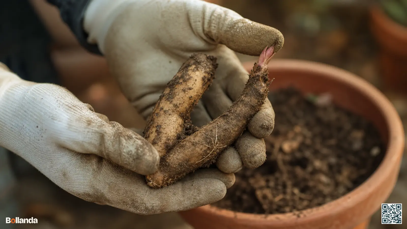 Behandschoende handen inspecteren een V-vormige gloriosaknol met breekbaar roze groeipunt boven tuingrond.