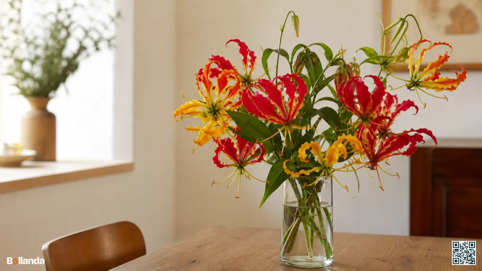 Rode en gele gloriosabloemen met teruggeslagen tepalen in een glazen vaas op een houten tafel binnen.