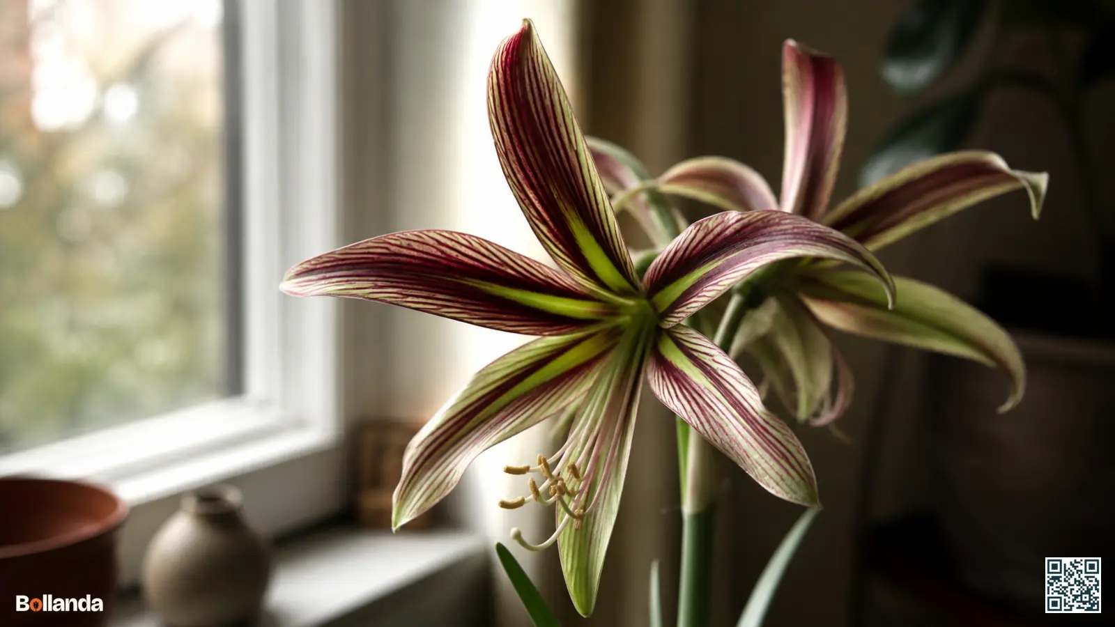 Close-up van een butterfly-amaryllis met smalle bloemblaadjes en groen-rood-paars vlinderpatroon bij een raam.