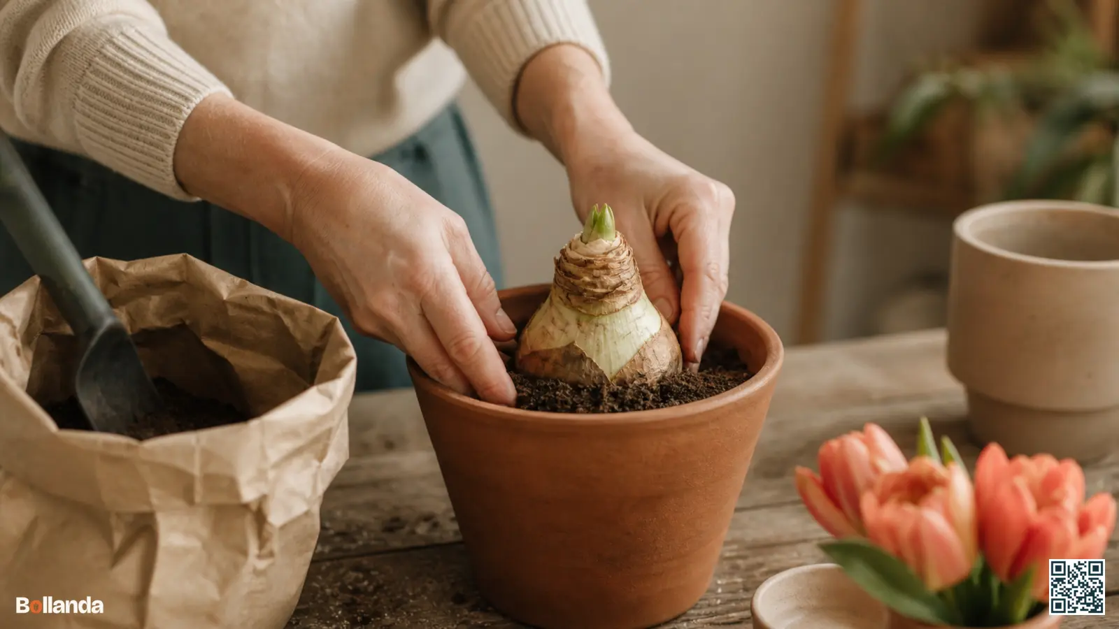 Handen planten een grote amaryllisbol in een terracotta pot met een derde van de bol boven de grond.