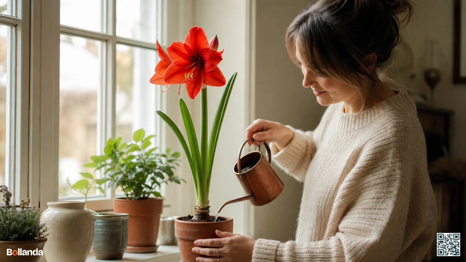 Iemand geeft een bloeiende amaryllis water op een lichte vensterbank met groene bladeren en een rode bloem.