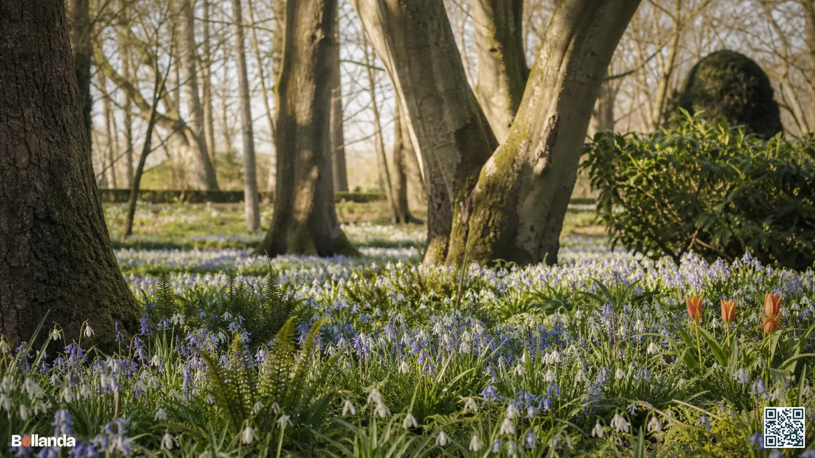 Tapijt van blauwe en witte boshyacinten onder loofbomen in een Nederlandse stinzentuin met sneeuwklokjes en varens.
