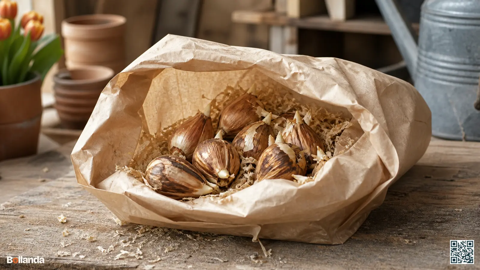 Close-up van stevige boshyacintbollen met losse schubben in een vochtige papieren zak op een werktafel.