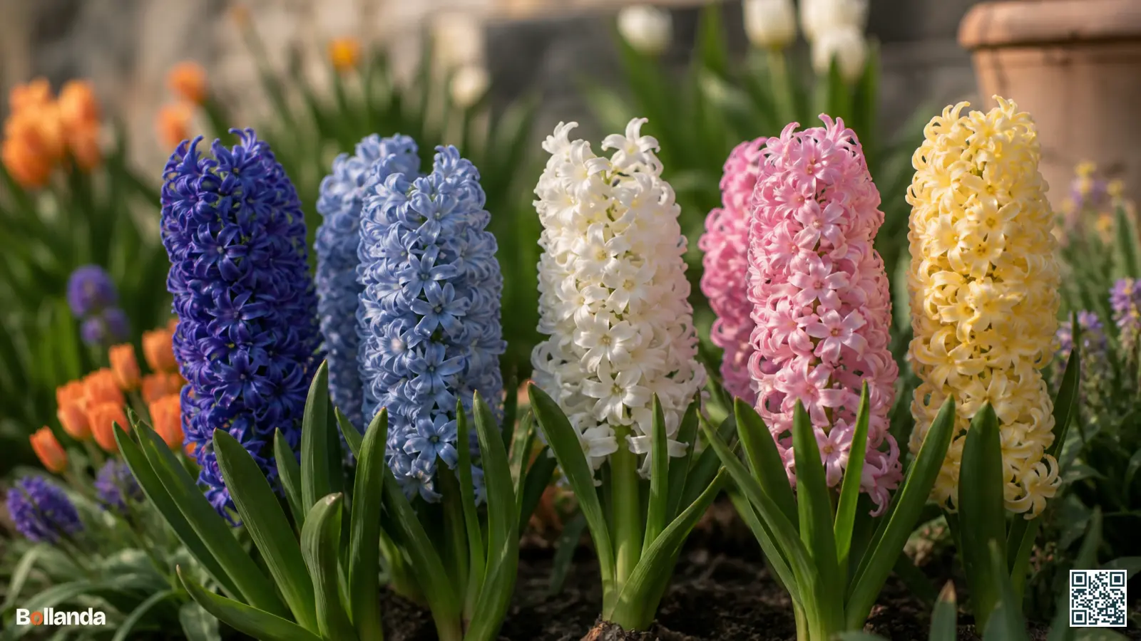 Tuinhyacinten in blauw, wit, roze en geel met dichte bloemaren naast elkaar in een Nederlandse voorjaarsborder.