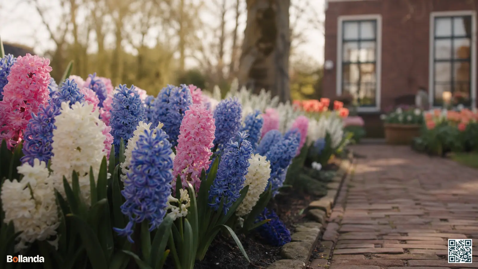 Bloeiende blauwe, roze en witte hyacinten met dichte bloemaren in een Nederlandse voorjaarsborder bij zacht ochtendlicht.