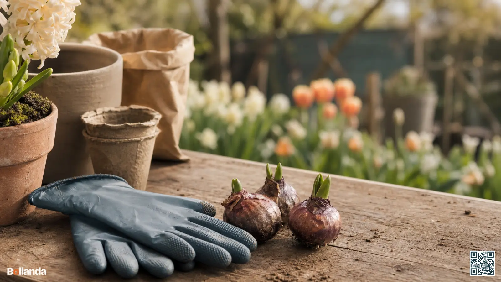 Nitrilhandschoenen naast stevige hyacintenbollen op een houten werkbank in een voorjaarstuin.